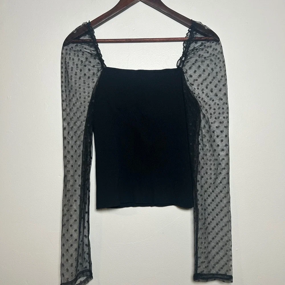 NWT petal +‎ pup Black Square Neck Mesh Dot Sleeve Top Womens MediuM - Picture 2 of 4